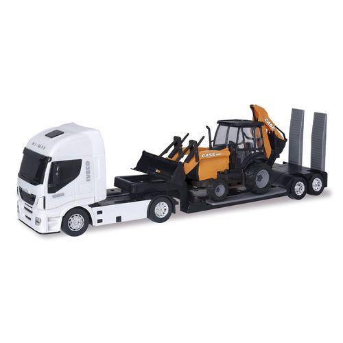 Caminhão Plataforma e Retroescavadeira Usual Brinquedos 405 Case - Branco/Amarelo