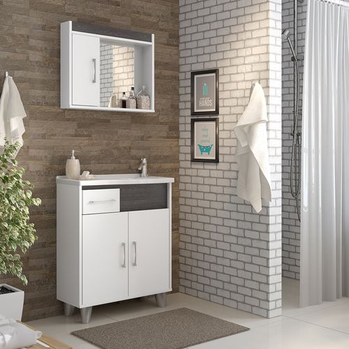 Conjunto de Banheiro STM S08 Tampo 60cm 3 Portas 1 Gaveta - Branco TX/ Sheffield