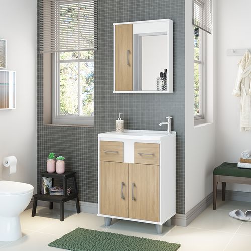 Conjunto de Banheiro STM S106 Tampo 60cm 3 Portas 2 Gavetas - Branco TX/ Elmo