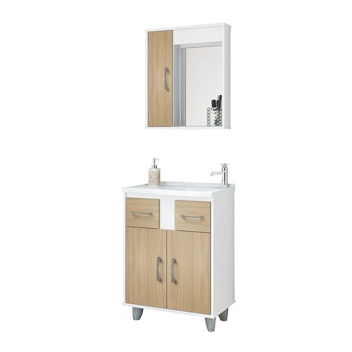 Conjunto de Banheiro STM S106 Tampo 60cm 3 Portas 2 Gavetas - Branco TX/ Elmo