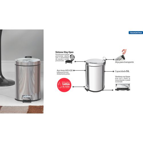 Lixeira Tramontina 5 litros com pedal Inox - 94538105