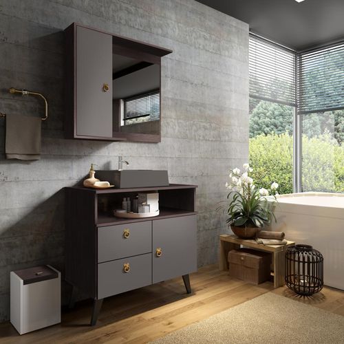 Conjunto para Banheiro STM A31 Tampo 80cm 2 Portas 2 Gavetas – Grafite Sheffield/Manhatan