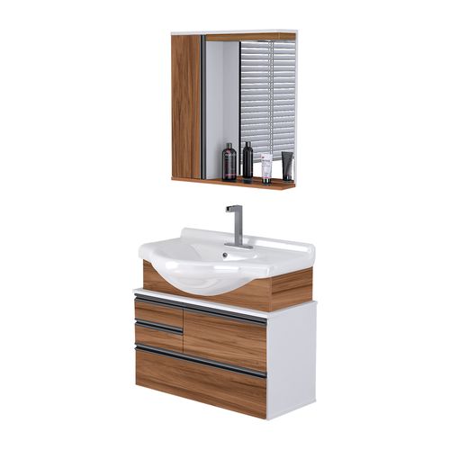 Conjunto para Banheiro Rorato Firenze Suspenso Espelheira e Pia 83,5cm - Nogal