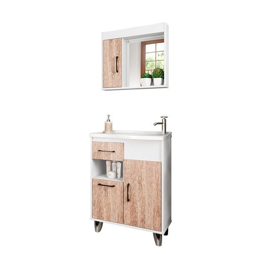 Conjunto de Banheiro STM S34 Tampo 60cm 3 Portas 1 Gaveta - Branco TX/ Vintage