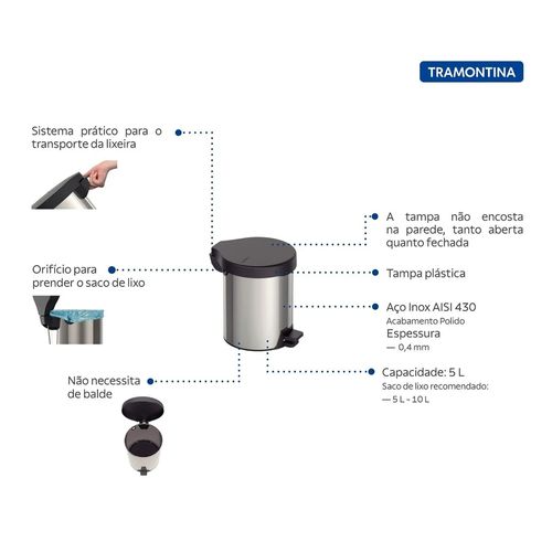 Lixeira Tramontina New em Aço Inox Acabamento Polido Tampa Preta com Pedal 5 Litros