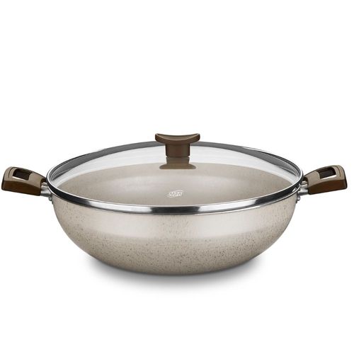 Panela Wok MTA Aura Nº 28 4,3L Baunilha com Tampa de Vidro e 2 Alças